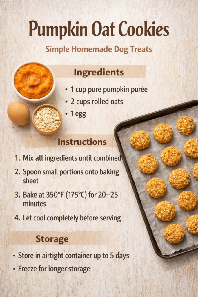 pumpkin-oat-dog-cookies-simple-homemade-recipe-9x16 Homemade pumpkin oat dog cookies shown as a simple visual recipe with ingredients and baking instructions