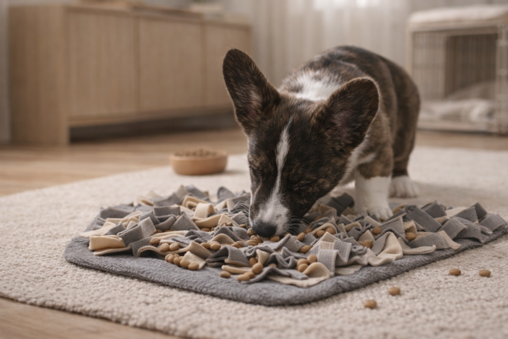 puppy-enrichment-feeding-daily-routine Puppy using a snuffle mat during a calm daily feeding routine