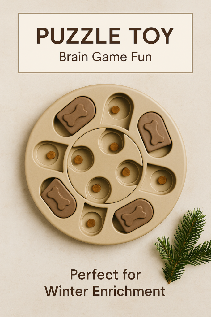puzzle-toy-christmas-flatlay Christmas-themed flatlay of a dog puzzle toy with treats on a neutral beige background and subtle evergreen decoration.