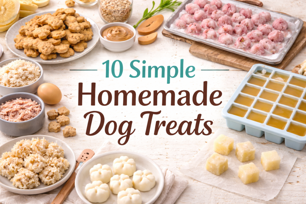 simple-homemade-dog-treats-collection-hero-16x9 A collection of simple homemade dog treats made with everyday ingredients, arranged on a neutral kitchen surface