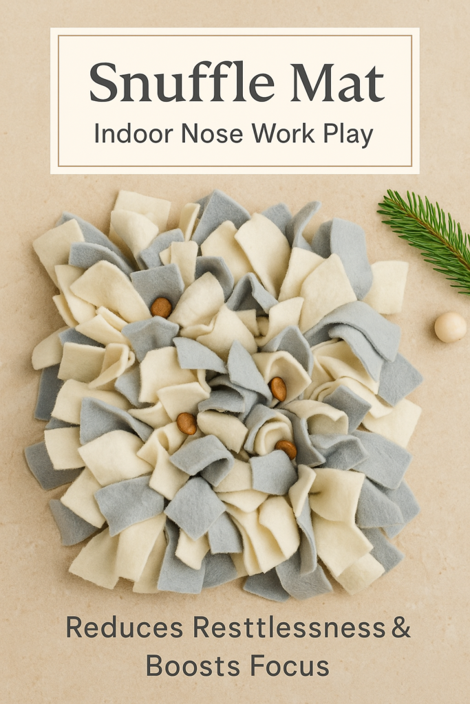 snuffle-mat-christmas-flatlay Christmas flatlay of a snuffle mat with a few hidden treats on a neutral beige background and subtle evergreen decoration.