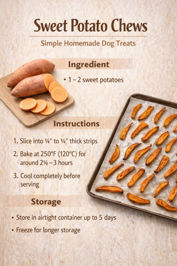 sweet-potato-dog-chews-homemade-natural-recipe-9x16 Homemade sweet potato dog chews shown as a simple visual recipe with sliced sweet potatoes and baked chewy treats