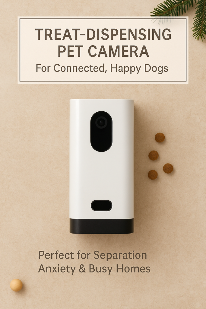 treat-dispensing-pet-camera-christmas-flatlay Christmas flatlay of a treat-dispensing pet camera with dog treats on a warm beige background and subtle festive evergreen decoration.