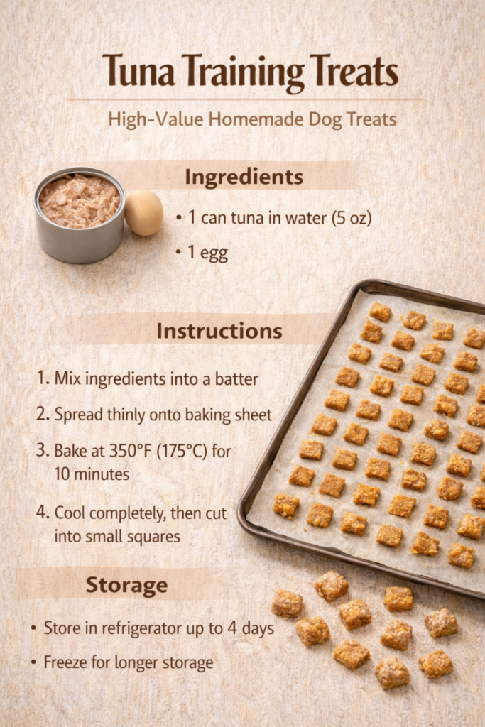 tuna-training-dog-treats-easy-homemade Homemade tuna training dog treats shown as a simple visual recipe with canned tuna, egg, and small bite-sized baked treats