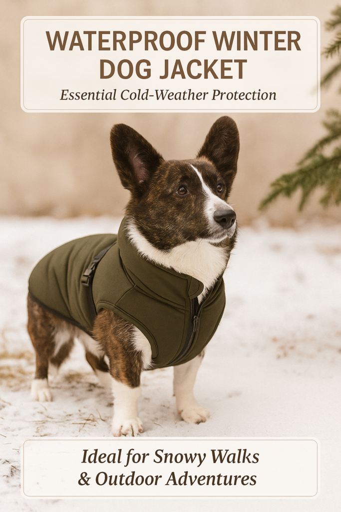 waterproof-winter-dog-jacket-christmas-flatlay Christmas flatlay of a waterproof winter dog jacket on a neutral beige background with subtle evergreen decoration.