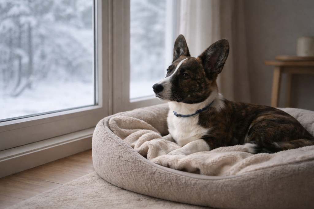 winter-dog-indoors-mental-enrichment-nuggy Dog resting indoors near a window during winter, calm home environment