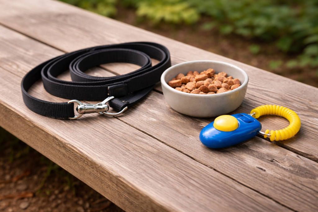 basic-obedience-commands-dog-training-tools Dog training tools for basic obedience commands including leash, clicker, and treats