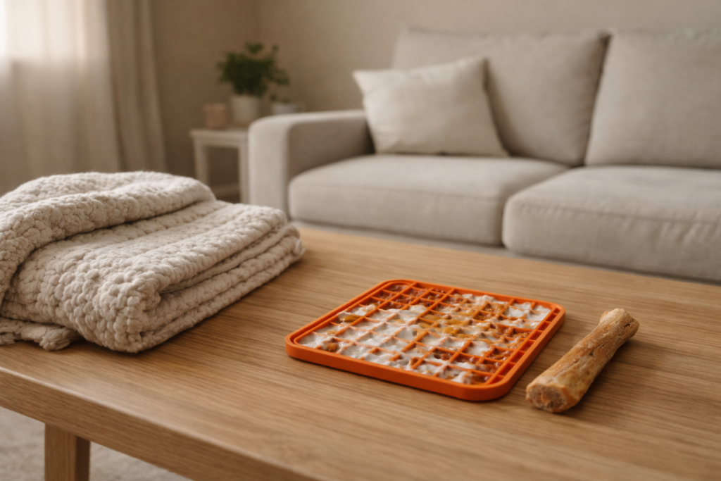 calm-dog-enrichment-at-home-living-room Calm dog enrichment setup at home with lick mat, chew, and neutral living room environment
