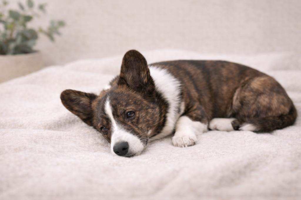 calm-dog-nervous-system-grooming-nuggy Calm brindle and white corgi puppy resting peacefully in a relaxed position, illustrating a regulated nervous system before dog grooming.