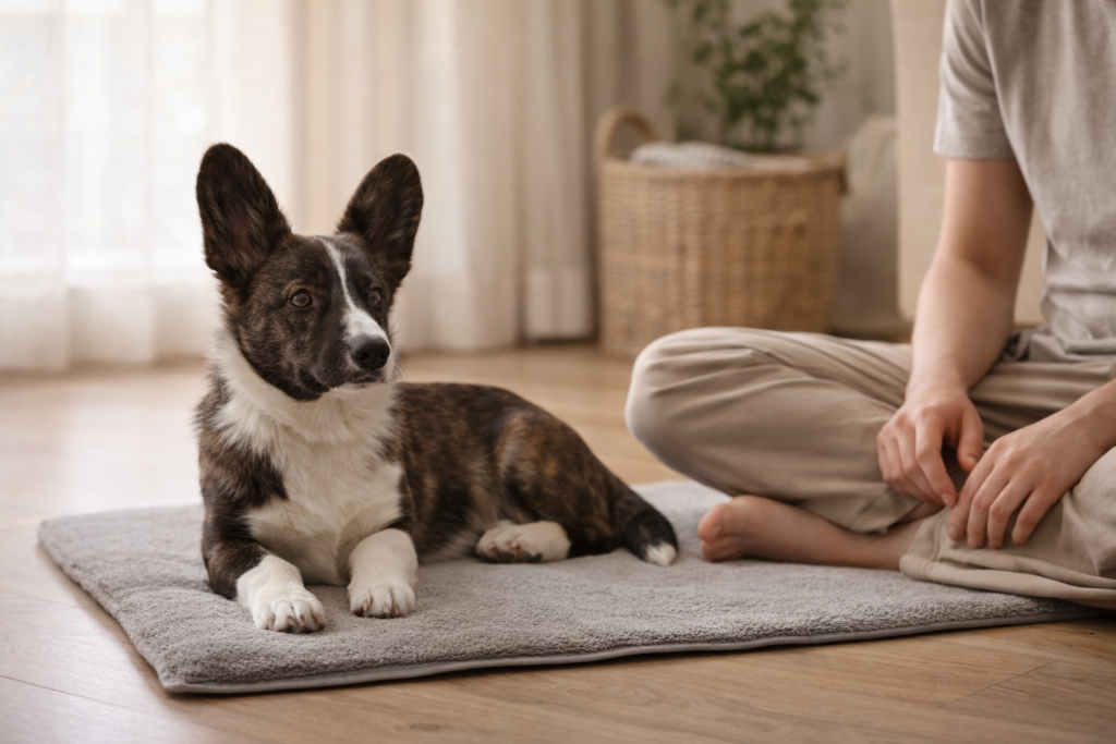 calm-dog-training-understanding-behavior Calm corgi resting on a training mat during a relaxed positive behavior training moment at home