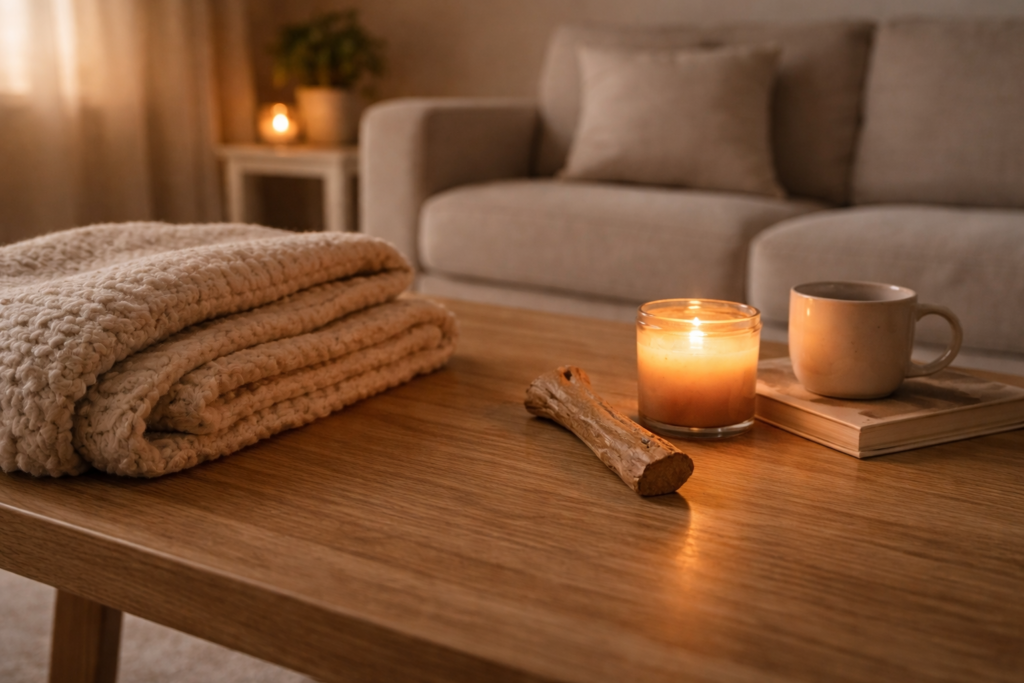 calm-evening-dog-routine-home-environment Calm evening home environment set up for a dog’s relaxing routine with soft lighting and enrichment items