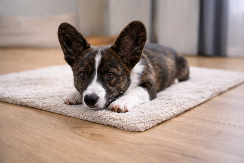 calm-settle-game-puppy-indoor-enrichment Corgi puppy Nuggy lying calmly on a mat during a settle game for indoor mental enrichment