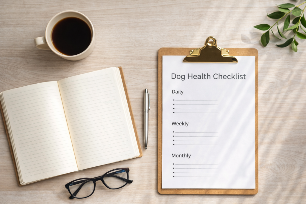 daily-dog-health-checklist-food-water-observation Dog health care checklist on a clean desk showing daily, weekly, and monthly pet care planning