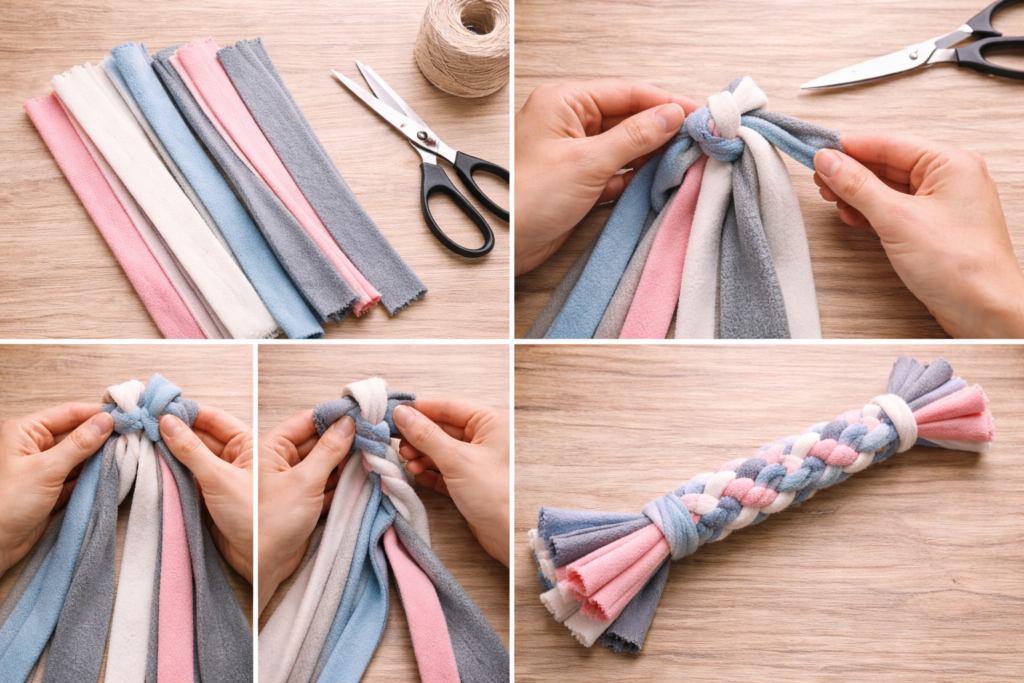 diy-braided-fleece-dog-tug-toy-step-by-step Hands braiding fleece strips into a DIY dog tug toy with the finished braided fleece toy shown on a wooden surface