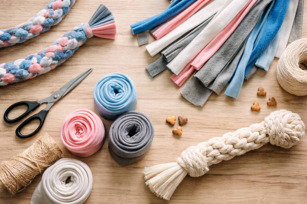 diy-dog-toys-materials-fleece-rope-enrichment DIY dog toy materials including fleece strips and braided rope laid out on a wooden surface