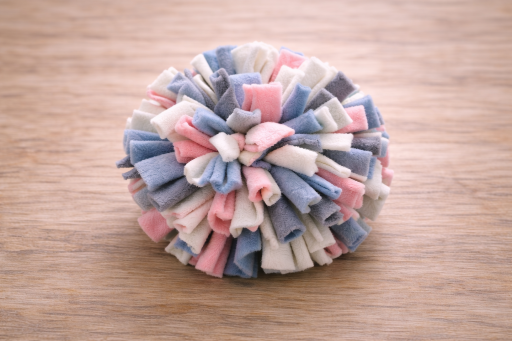 diy-fleece-snuffle-ball-dog-enrichment-toy Finished DIY fleece snuffle ball made from knotted fabric strips on a wooden surface
