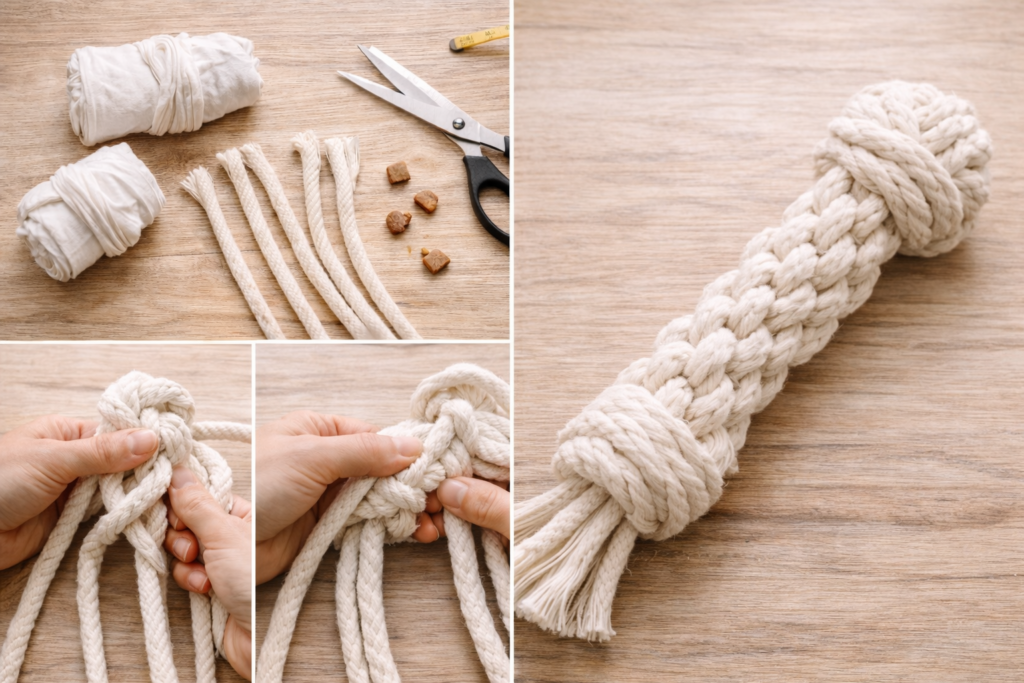 diy-knotted-rope-dog-toy-step-by-step Hands braiding a cotton rope dog toy with the finished knotted rope toy displayed on a wooden surface