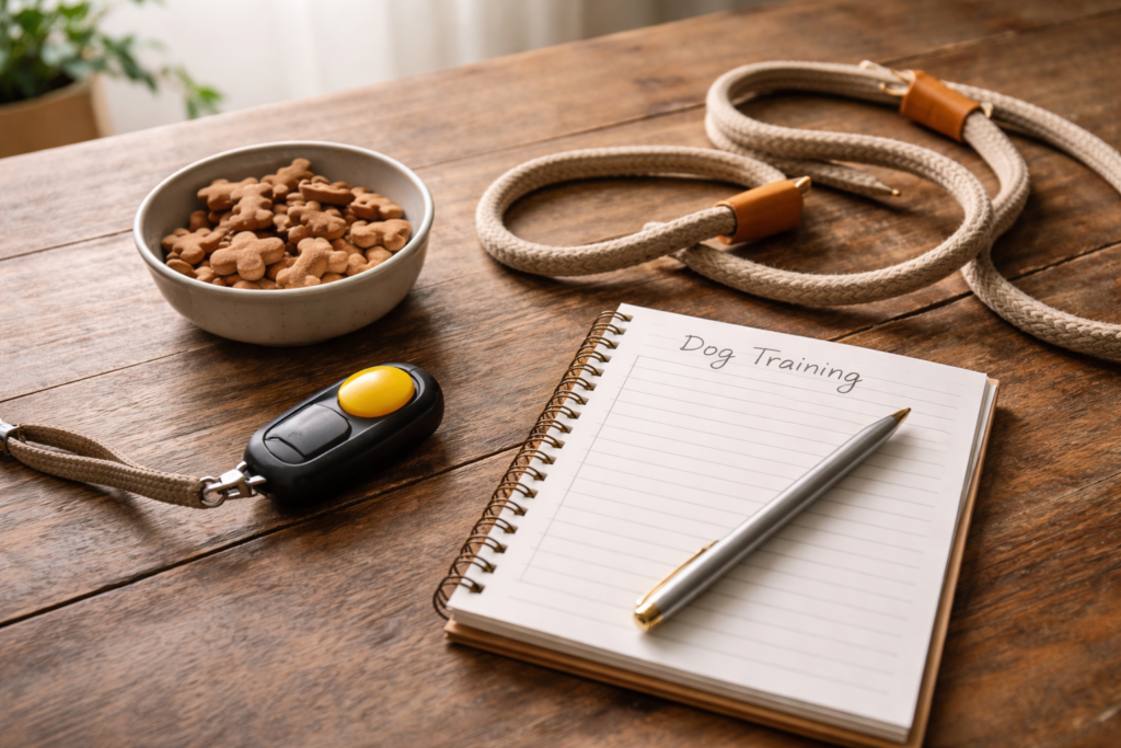 dog-behavior-problems-training-guide-hero Dog training tools arranged on a wooden table representing behavior training, communication, and positive reinforcement
