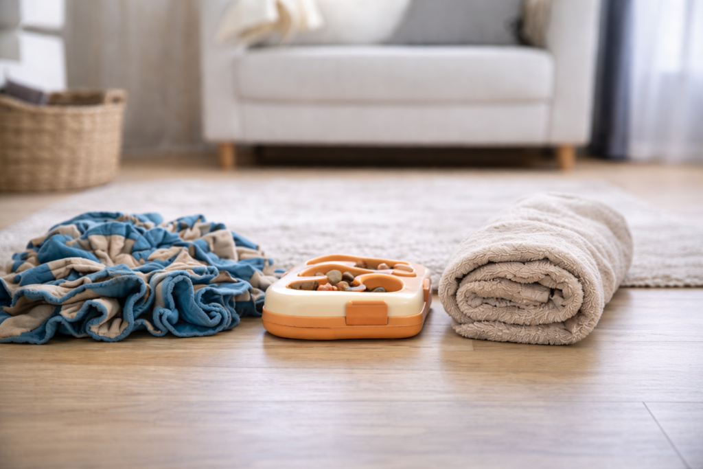 dog-enrichment-tools-indoor-mental-stimulation Indoor dog enrichment tools including a snuffle mat, puzzle feeder, and towel used for calm mental stimulation at home