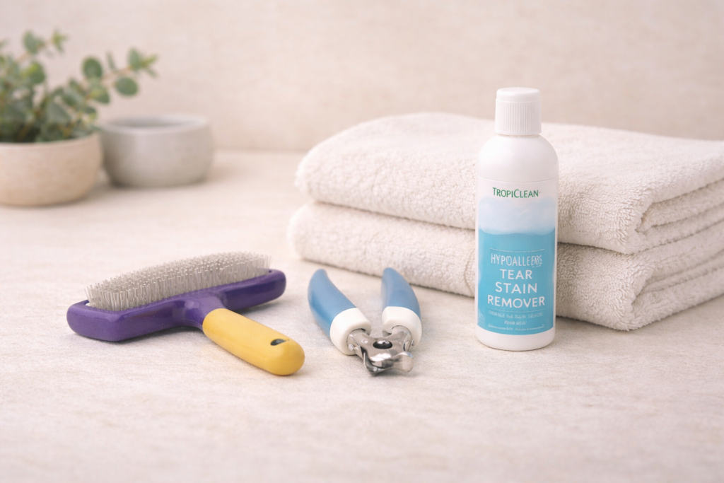 dog-grooming-at-home-calm-routine-hero Calm dog grooming tools arranged on a neutral surface, representing a stress-free dog grooming routine at home.