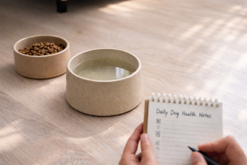 dog-health-care-checklist-decision-guide Daily dog health checklist showing food and water bowls used for routine pet health observation
