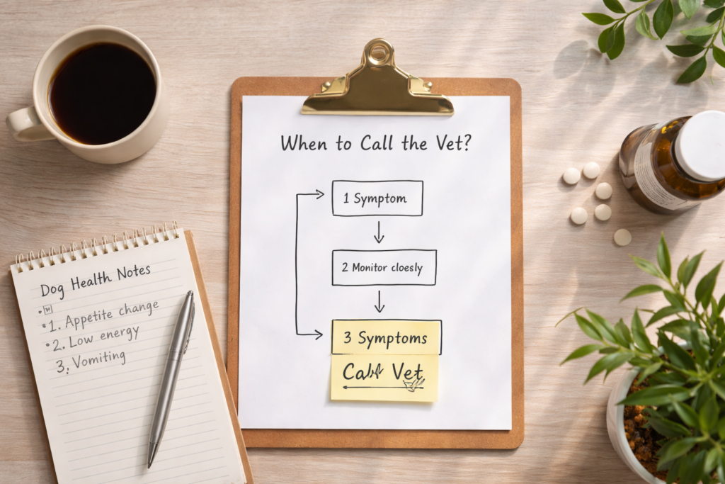 dog-health-decision-checklist-when-to-call-the-vet Dog health decision checklist showing when to monitor symptoms and when to call the vet