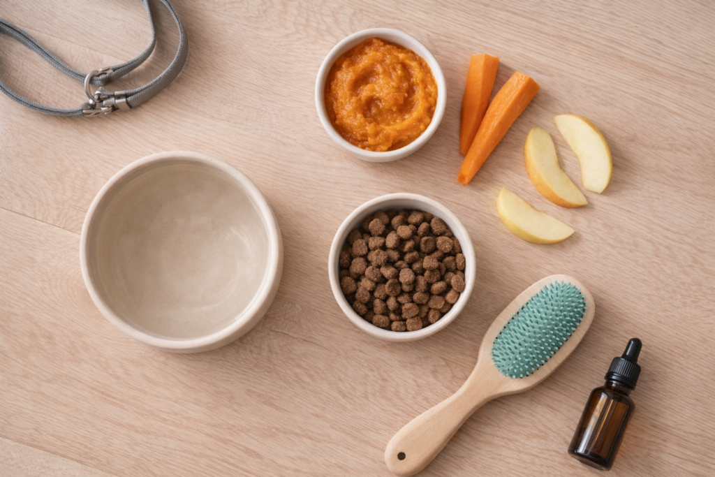 dog-health-tips-daily-care-safe-foods Dog health essentials including fresh water, safe food, and daily care tools arranged in a calm home setting