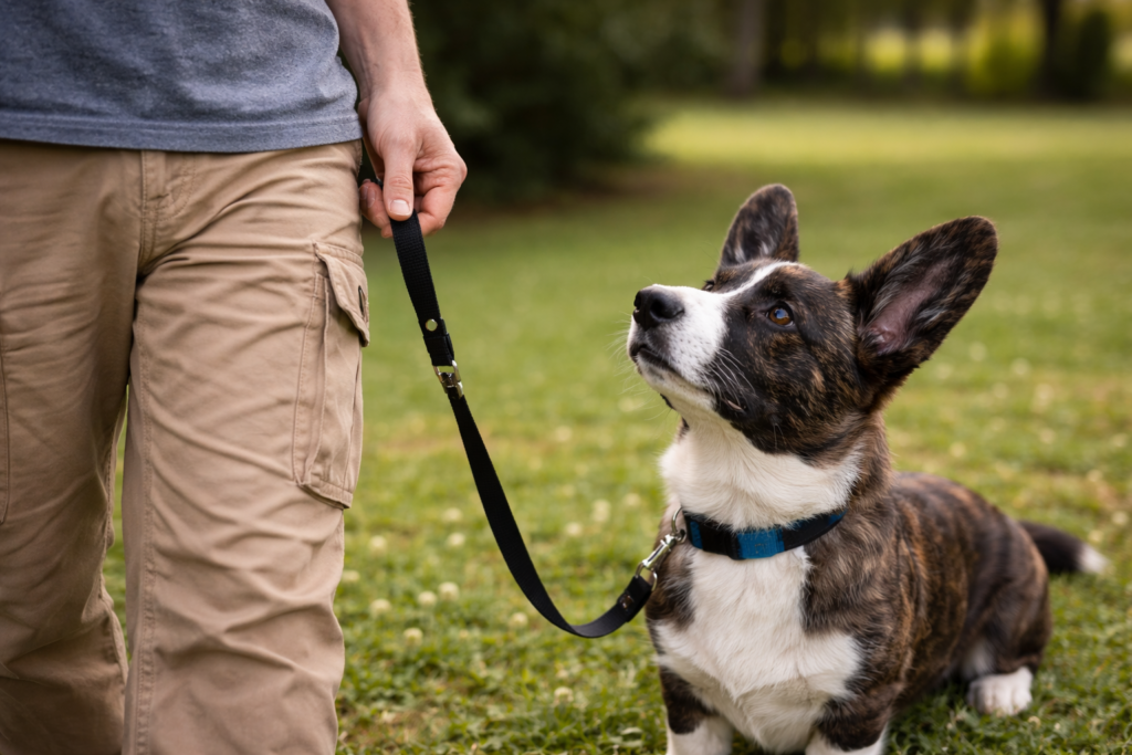 dog-obedience-training-communication-focus-leash Dog practicing obedience training on leash with calm focus and attention