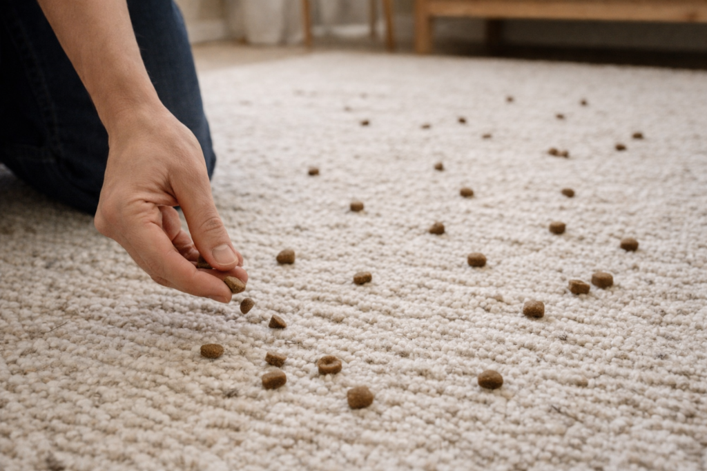 dog-sniffing-game-scatter-feeding-indoors Scatter feeding dog enrichment activity with treats placed on a textured rug indoors