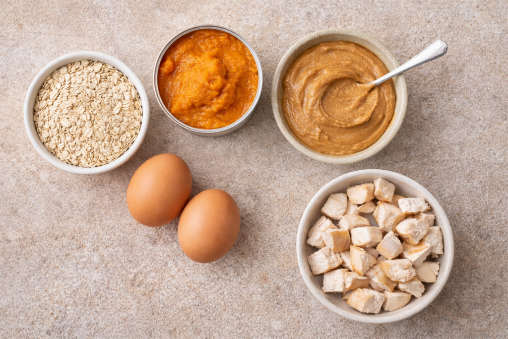 dog-treat-ingredients-oats-pumpkin-peanut-butter-chicken-eggs Dog-friendly ingredients for homemade dog treats including oats, pumpkin, peanut butter, eggs, and chicken