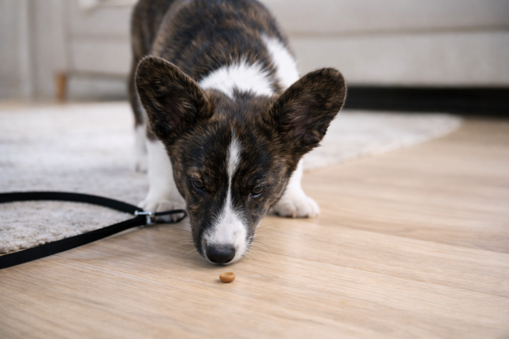 find-it-dog-scent-game-indoor-enrichment Corgi puppy Nuggy calmly sniffing a treat on the floor during a Find It scent game indoors
