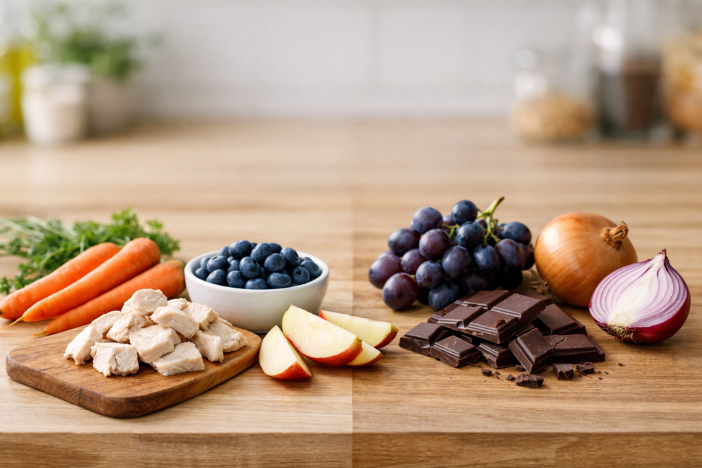 foods-dogs-can-eat-and-cant-hero Safe and unsafe human foods for dogs displayed side by side on a kitchen table