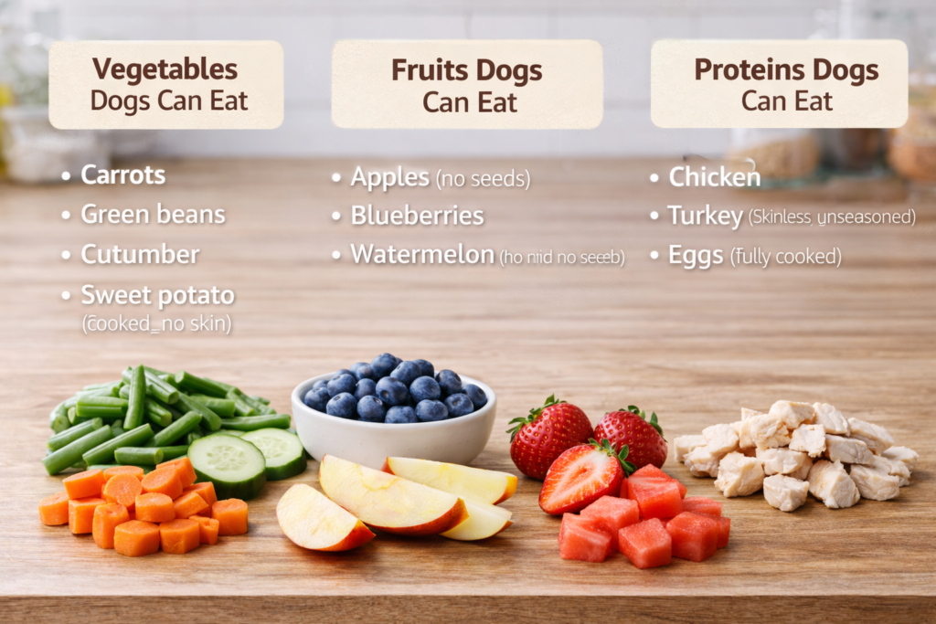 foods-dogs-can-eat-vegetables-fruits-proteins Dog-safe foods including vegetables, fruits, and plain cooked proteins prepared without seasoning