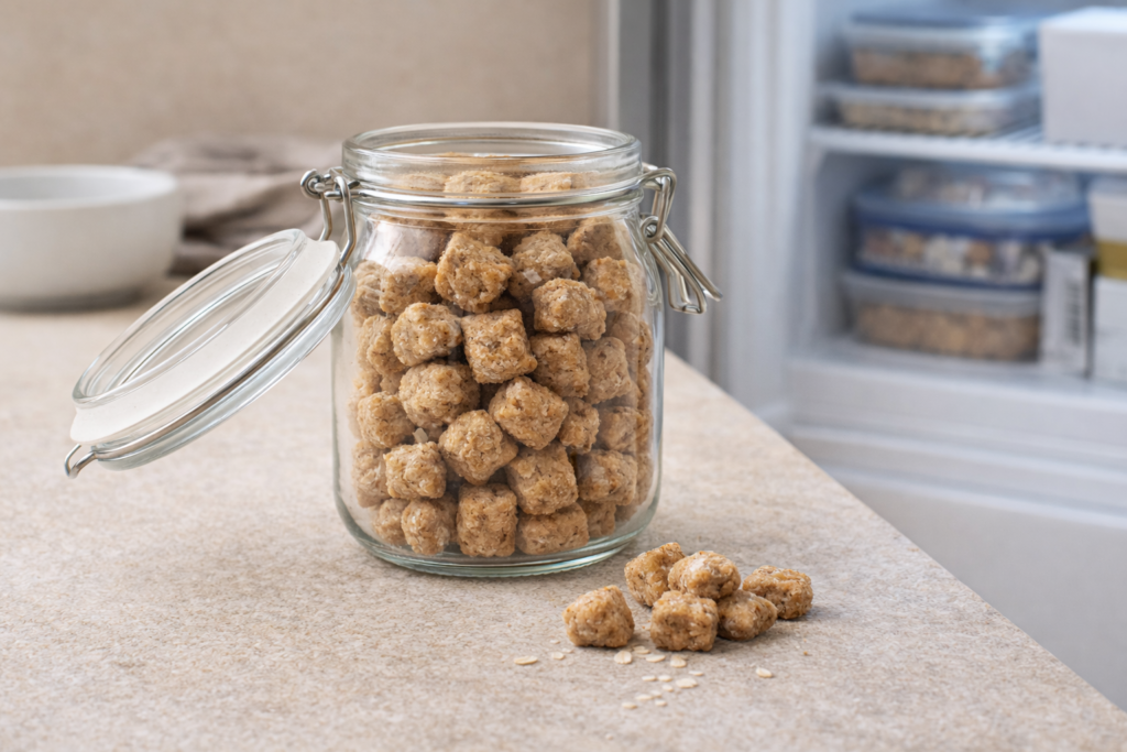 homemade-dog-treat-storage-glass-jar-fridge-routine Homemade dog treats stored in a glass jar on a kitchen counter near the refrigerator