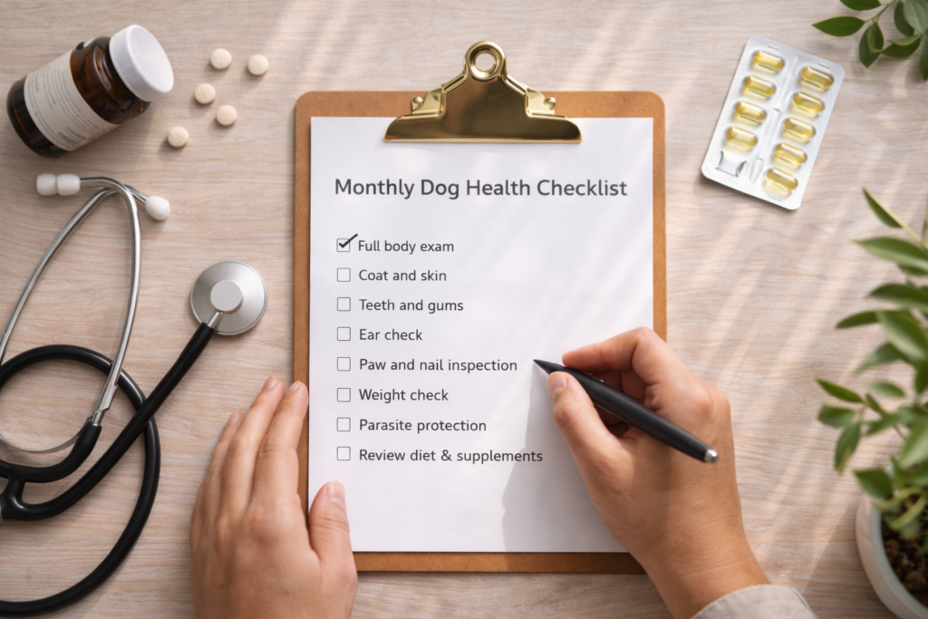 monthly-dog-health-checklist-preventive-care Monthly dog health checklist used for preventive pet health care and routine wellness checks
