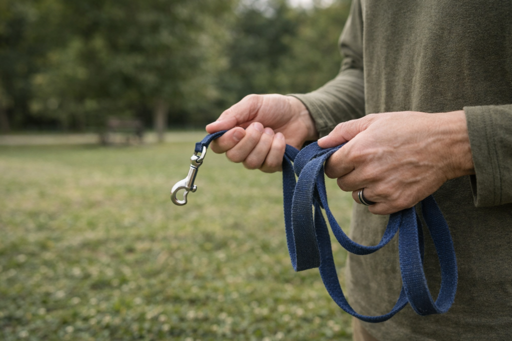 obedience-training-older-dogs-patience-leash Hands holding a dog leash symbolizing patience and consistency in obedience training