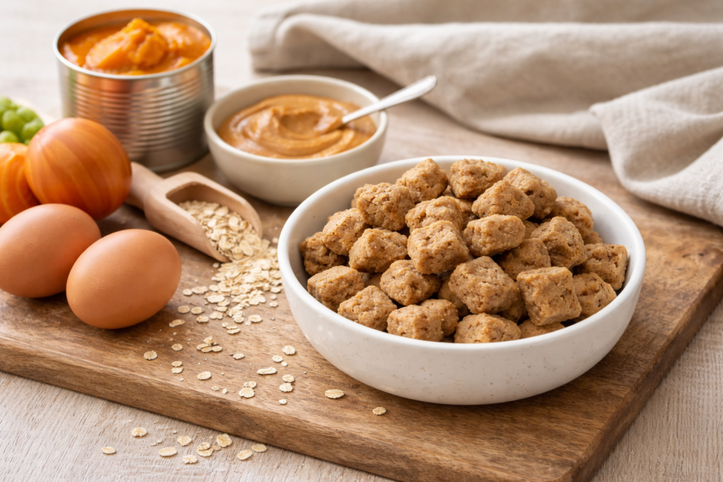 safe-homemade-dog-treats-peanut-butter-oatmeal-pumpkin Safe homemade dog treats made with peanut butter, oats, and pumpkin on a wooden surface