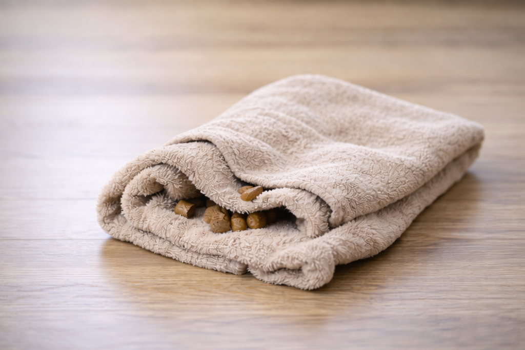 towel-puzzle-dog-enrichment-diy-indoor Rolled towel with hidden treats used as a DIY indoor dog enrichment puzzle