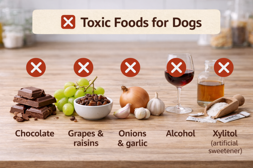 toxic-foods-for-dogs-to-avoid Common toxic foods for dogs including chocolate, grapes, onions, alcohol, and xylitol